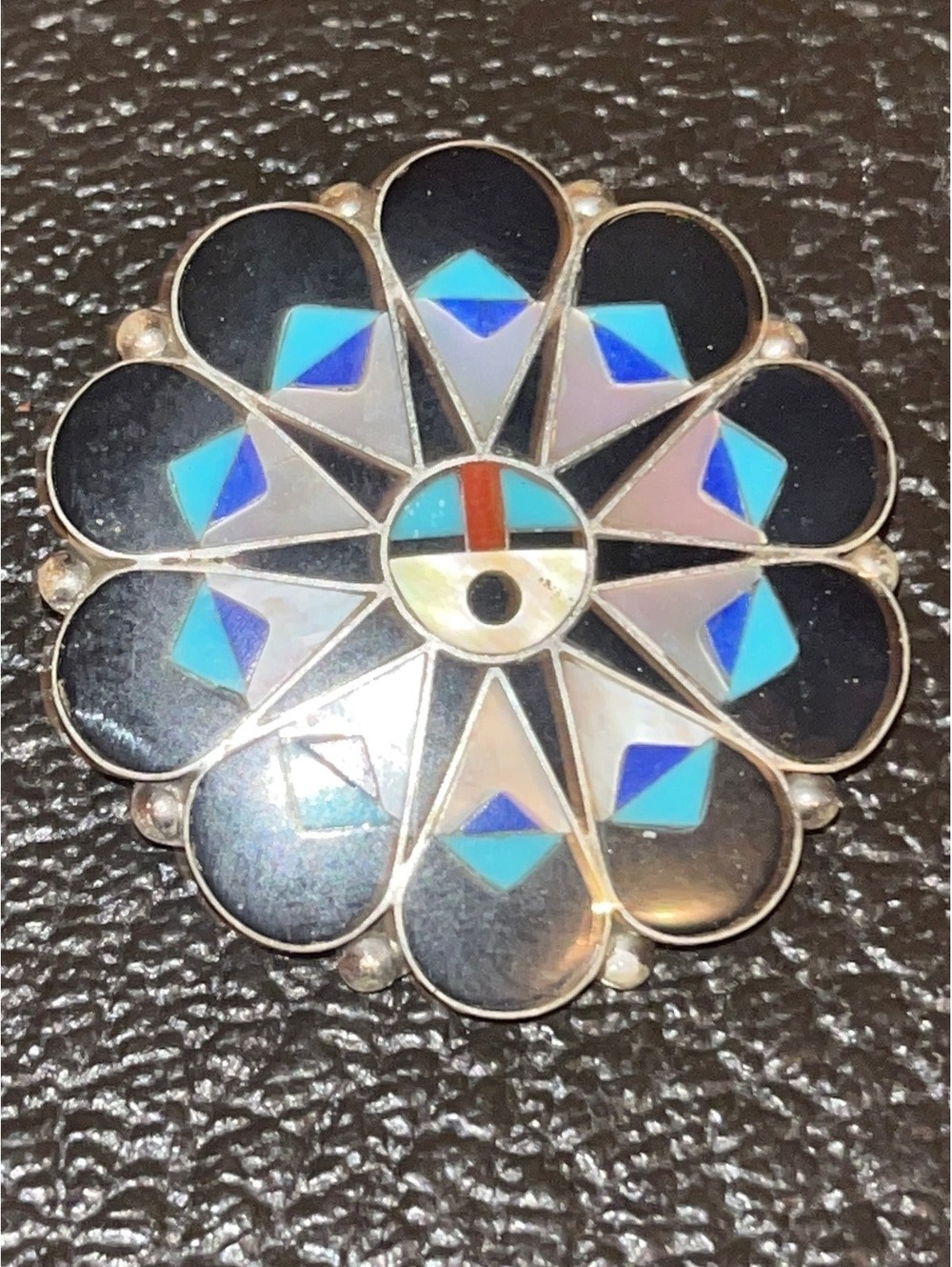 Zuni inlay sunface handmade sterling silver turquoise bolo